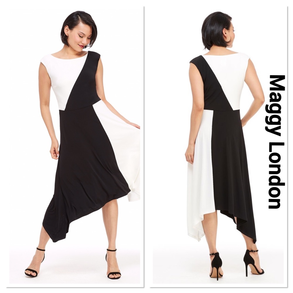 Maggy London Black and White Asymmetrical Colorblock Dress